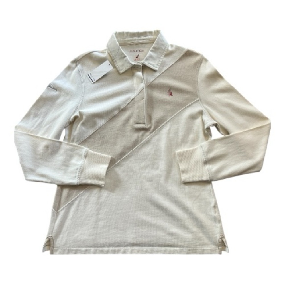 NWT Nautica Cream Women Long Sleeve Polo Shirt 100% Cotton SZ Large